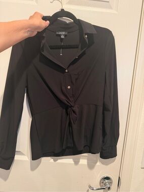 AUW Black Tie-Front Button-Down Blouse